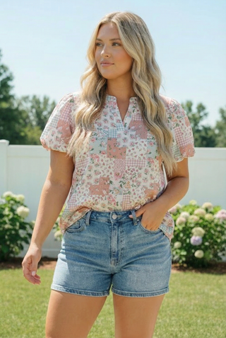 Patchwork Floral Puff Sleeve Top