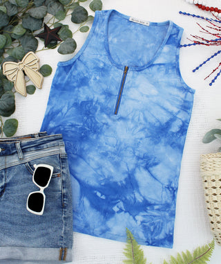 IN STOCK Mila Zipper Tank - Blue Tie Dye