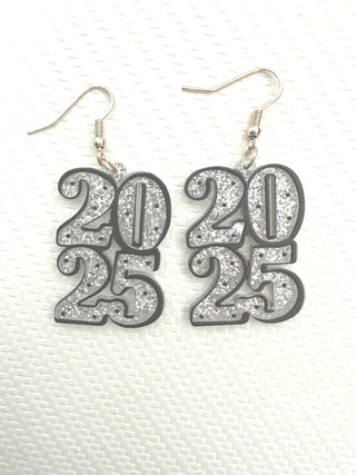 New Year's 2025 Silver Glitter Dangle Earrings