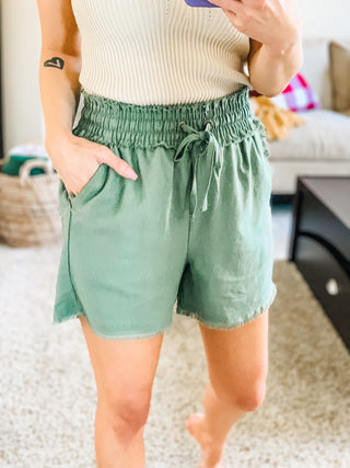 Zenana Linen Frayed Hem Drawstring Shorts With Pockets