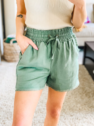 Zenana Linen Frayed Hem Drawstring Shorts With Pockets