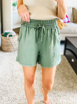 Zenana Linen Frayed Hem Drawstring Shorts With Pockets