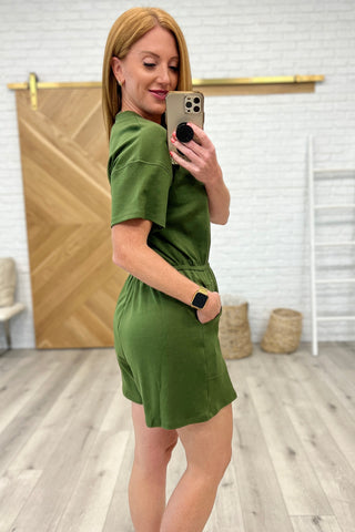 Short Sleeve V-Neck Romper in Army Green