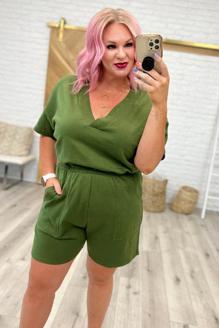 Short Sleeve V-Neck Romper in Army Green II