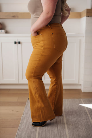 Judy Blue High Rise Control Top Flare Jeans in Marigold